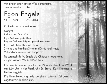Anzeige von Egon Engels von Kölner Stadt-Anzeiger / Kölnische Rundschau / Express