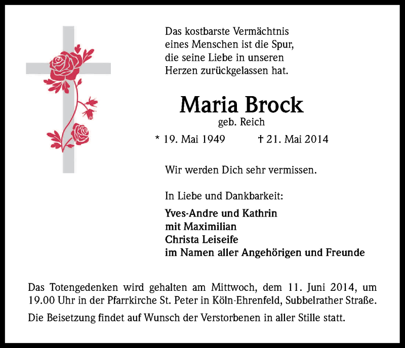  Traueranzeige für Maria Brock vom 07.06.2014 aus Kölner Stadt-Anzeiger / Kölnische Rundschau / Express