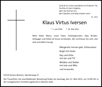 Anzeige von Klaus Virtus Iversen von Kölner Stadt-Anzeiger / Kölnische Rundschau / Express