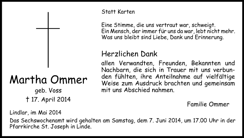  Traueranzeige für Martha Ommer vom 31.05.2014 aus Kölner Stadt-Anzeiger / Kölnische Rundschau / Express