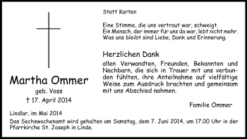 Anzeige von Martha Ommer von Kölner Stadt-Anzeiger / Kölnische Rundschau / Express