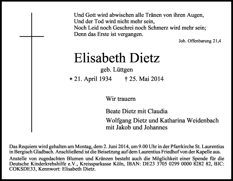  Traueranzeige für Elisabeth Dietz vom 28.05.2014 aus Kölner Stadt-Anzeiger / Kölnische Rundschau / Express