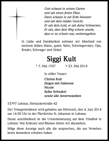 Anzeige von Siggi Kult von Kölner Stadt-Anzeiger / Kölnische Rundschau / Express