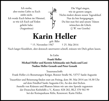 Anzeige von Karin Heller von Kölner Stadt-Anzeiger / Kölnische Rundschau / Express