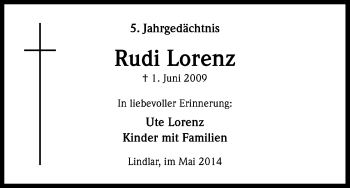 Anzeige von Rudi Lorenz von Kölner Stadt-Anzeiger / Kölnische Rundschau / Express