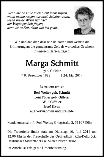 Anzeige von Marga Schmitt von Kölner Stadt-Anzeiger / Kölnische Rundschau / Express