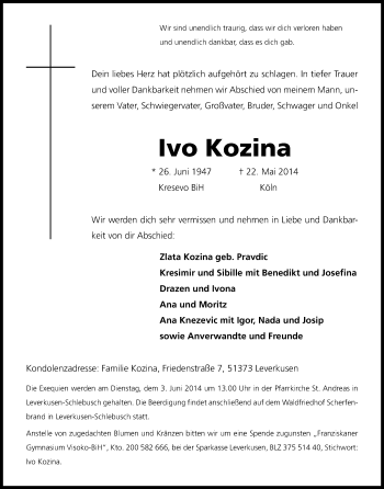 Anzeige von Ivo Kozina von Kölner Stadt-Anzeiger / Kölnische Rundschau / Express