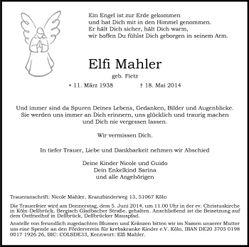 Anzeige von Elfi Mahler von Kölner Stadt-Anzeiger / Kölnische Rundschau / Express