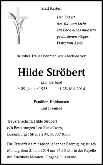 Anzeige von Hilde Ströbert von Kölner Stadt-Anzeiger / Kölnische Rundschau / Express