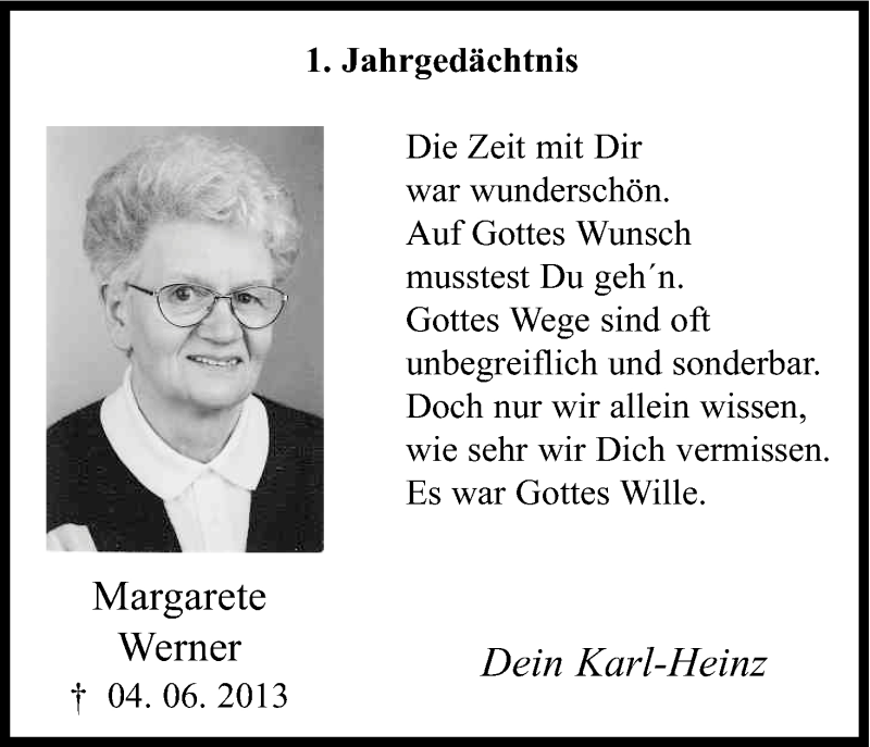  Traueranzeige für Margarete Werner vom 04.06.2014 aus Kölner Stadt-Anzeiger / Kölnische Rundschau / Express