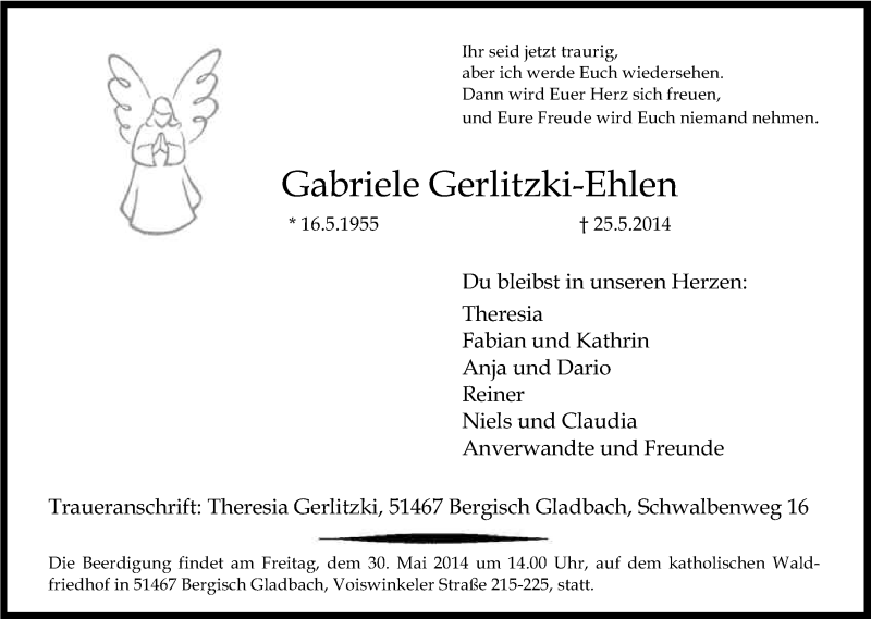  Traueranzeige für Gabriele Gerlitzki-Ehlen vom 29.05.2014 aus Kölner Stadt-Anzeiger / Kölnische Rundschau / Express