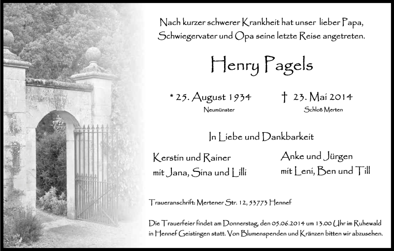  Traueranzeige für Henry Pagels vom 29.05.2014 aus Kölner Stadt-Anzeiger / Kölnische Rundschau / Express