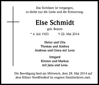 Anzeige von Else Schmidt von Kölner Stadt-Anzeiger / Kölnische Rundschau / Express