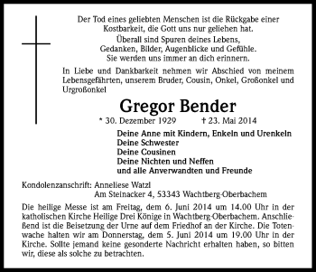 Anzeige von Gregor Bender von Kölner Stadt-Anzeiger / Kölnische Rundschau / Express