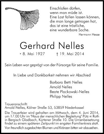 Anzeige von Gerhard Nelles von Kölner Stadt-Anzeiger / Kölnische Rundschau / Express