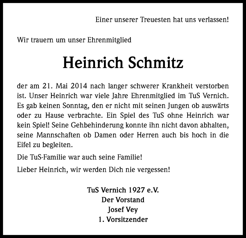  Traueranzeige für Heinrich Schmitz vom 29.05.2014 aus Kölner Stadt-Anzeiger / Kölnische Rundschau / Express