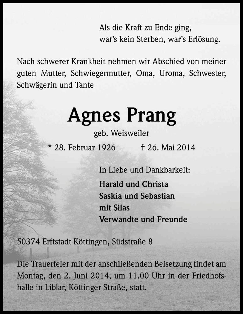  Traueranzeige für Agnes Prang vom 31.05.2014 aus Kölner Stadt-Anzeiger / Kölnische Rundschau / Express