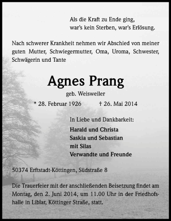 Anzeige von Agnes Prang von Kölner Stadt-Anzeiger / Kölnische Rundschau / Express