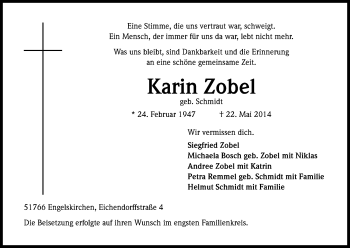 Anzeige von Karin Zobel von Kölner Stadt-Anzeiger / Kölnische Rundschau / Express