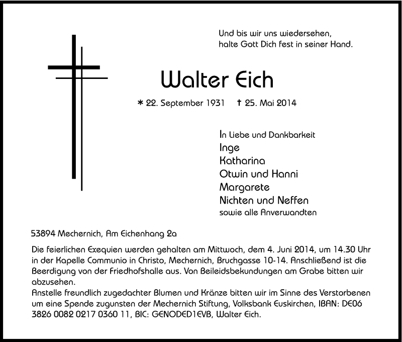  Traueranzeige für Walter Eich vom 31.05.2014 aus Kölner Stadt-Anzeiger / Kölnische Rundschau / Express