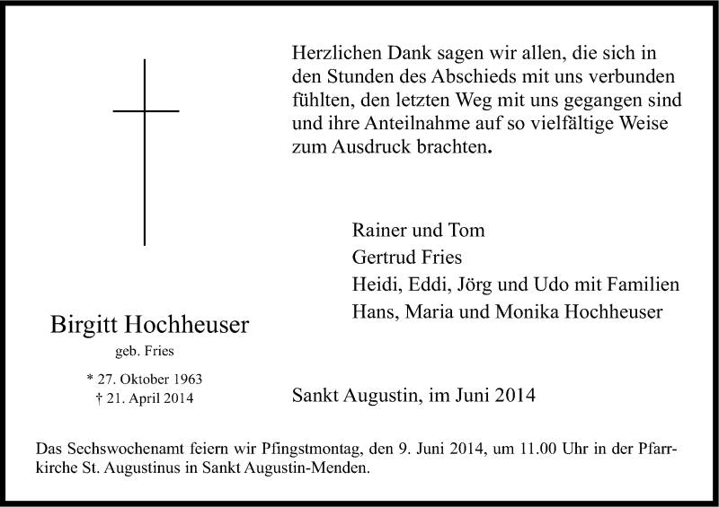  Traueranzeige für Birgitt Hochheuser vom 02.06.2014 aus Kölner Stadt-Anzeiger / Kölnische Rundschau / Express