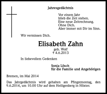 Anzeige von Elisabeth Zahn von Kölner Stadt-Anzeiger / Kölnische Rundschau / Express