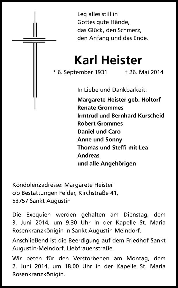  Traueranzeige für Karl Heister vom 29.05.2014 aus Kölner Stadt-Anzeiger / Kölnische Rundschau / Express