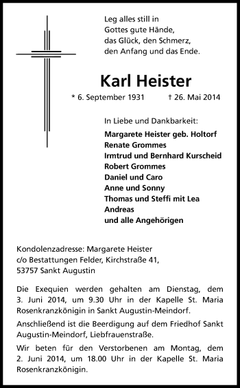 Anzeige von Karl Heister von Kölner Stadt-Anzeiger / Kölnische Rundschau / Express