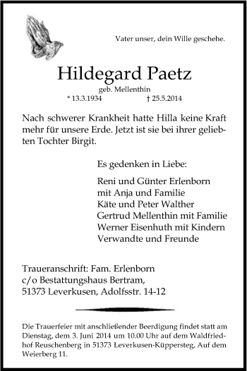 Anzeige von Hildegard Paetz von Kölner Stadt-Anzeiger / Kölnische Rundschau / Express