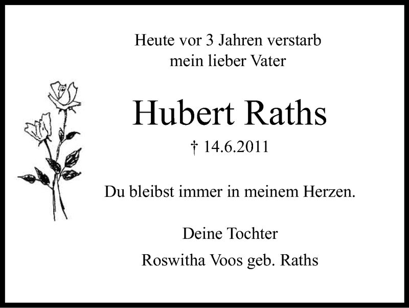  Traueranzeige für Hubert Raths vom 14.06.2014 aus Kölner Stadt-Anzeiger / Kölnische Rundschau / Express