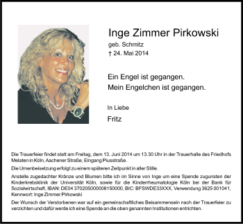 Anzeige von Inge  Zimmer Pirkowski von Kölner Stadt-Anzeiger / Kölnische Rundschau / Express