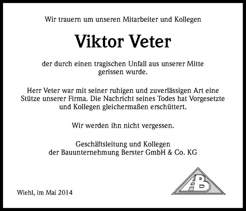  Traueranzeige für Viktor Veter vom 31.05.2014 aus Kölner Stadt-Anzeiger / Kölnische Rundschau / Express