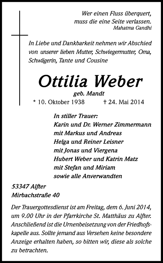  Traueranzeige für Ottilia Weber vom 31.05.2014 aus Kölner Stadt-Anzeiger / Kölnische Rundschau / Express