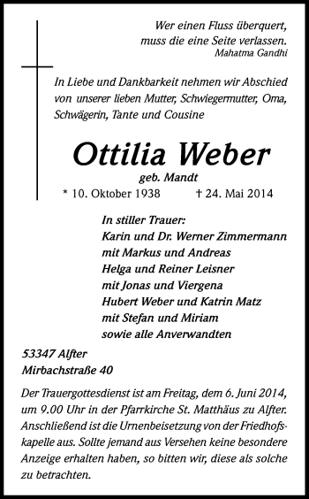 Anzeige von Ottilia Weber von Kölner Stadt-Anzeiger / Kölnische Rundschau / Express