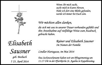 Anzeige von Elisabeth Sausner von Kölner Stadt-Anzeiger / Kölnische Rundschau / Express