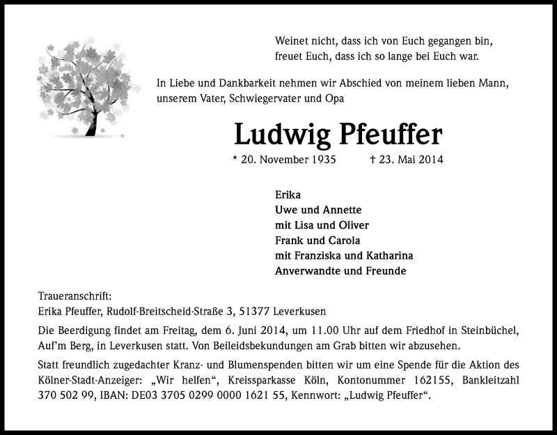  Traueranzeige für Ludwig Pfeuffer vom 31.05.2014 aus Kölner Stadt-Anzeiger / Kölnische Rundschau / Express