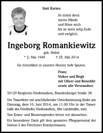 Anzeige von Ingeborg Romankiewitz von Kölner Stadt-Anzeiger / Kölnische Rundschau / Express