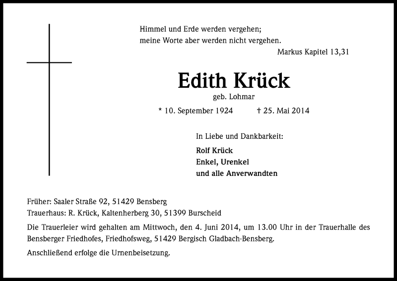  Traueranzeige für Edith Krück vom 29.05.2014 aus Kölner Stadt-Anzeiger / Kölnische Rundschau / Express