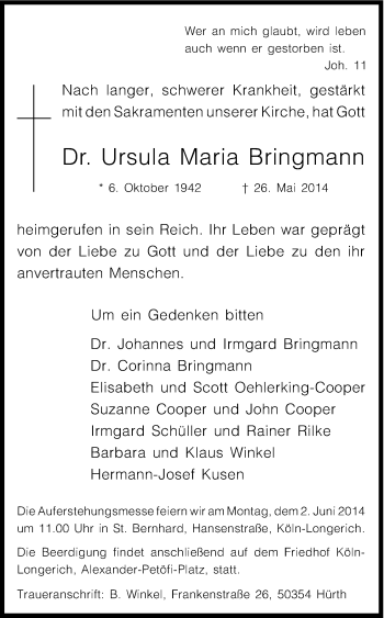 Anzeige von Ursula Maria Bringmann von Kölner Stadt-Anzeiger / Kölnische Rundschau / Express