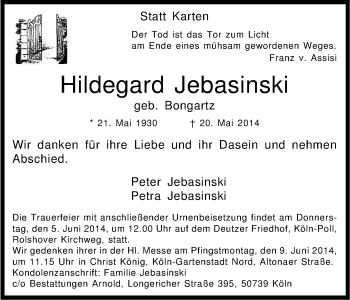 Anzeige von Hildegard Jebasinski von Kölner Stadt-Anzeiger / Kölnische Rundschau / Express