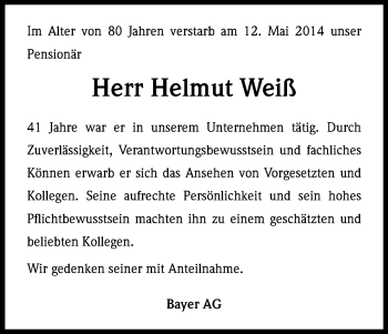 Anzeige von Helmut Weiß von Kölner Stadt-Anzeiger / Kölnische Rundschau / Express
