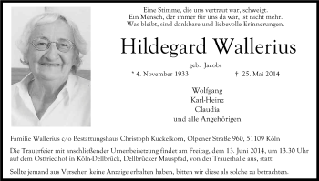 Anzeige von Hildegard Wallerius von Kölner Stadt-Anzeiger / Kölnische Rundschau / Express