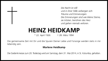 Anzeige von Heinz Heidkamp von Kölner Stadt-Anzeiger / Kölnische Rundschau / Express