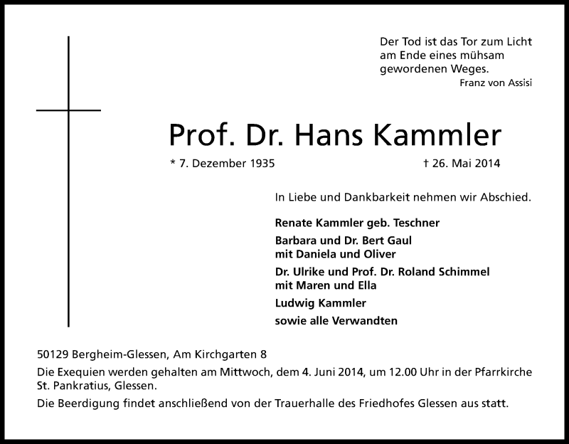  Traueranzeige für Hans Kammler vom 31.05.2014 aus Kölner Stadt-Anzeiger / Kölnische Rundschau / Express