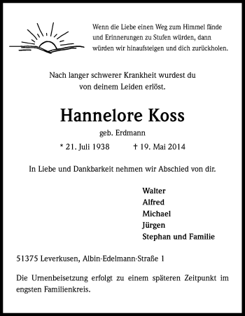 Anzeige von Hannelore Koss von Kölner Stadt-Anzeiger / Kölnische Rundschau / Express