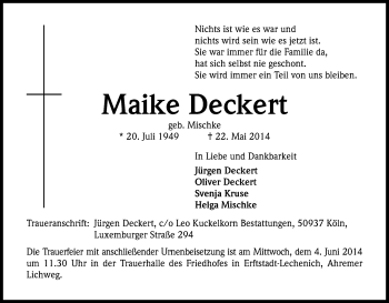 Anzeige von Maike Decken von Kölner Stadt-Anzeiger / Kölnische Rundschau / Express