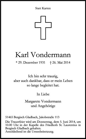 Anzeige von Karl Vondermann von Kölner Stadt-Anzeiger / Kölnische Rundschau / Express