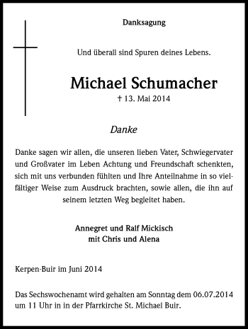 Anzeige von Michael Schumacher von Kölner Stadt-Anzeiger / Kölnische Rundschau / Express