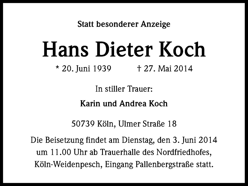  Traueranzeige für Hans Dieter Koch vom 31.05.2014 aus Kölner Stadt-Anzeiger / Kölnische Rundschau / Express