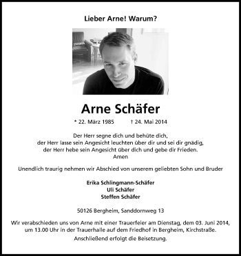 Anzeige von Arne Schäfer von Kölner Stadt-Anzeiger / Kölnische Rundschau / Express